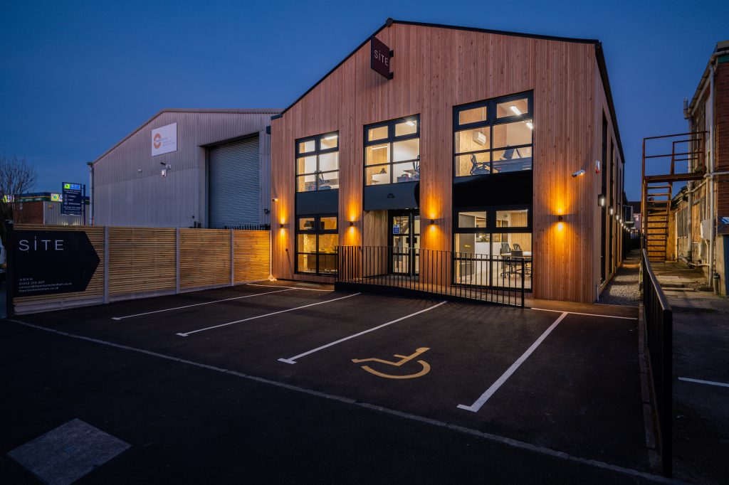 Night exterior of offices at Chosen View Road, Cheltenham